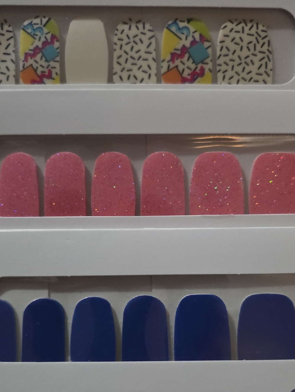 Color Street Nail Strips Pack — Pink Glitter, Royal Blue & Retro Pattern